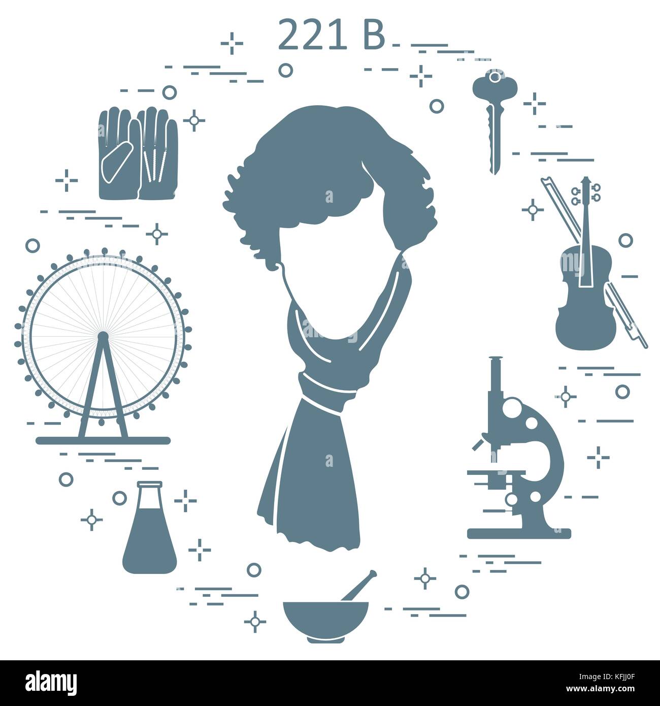 Detective privato Sherlock Holmes con una varietà di strumenti e attrezzature. l'eroe della popolare serie tv. design per un annuncio stampa. Illustrazione Vettoriale