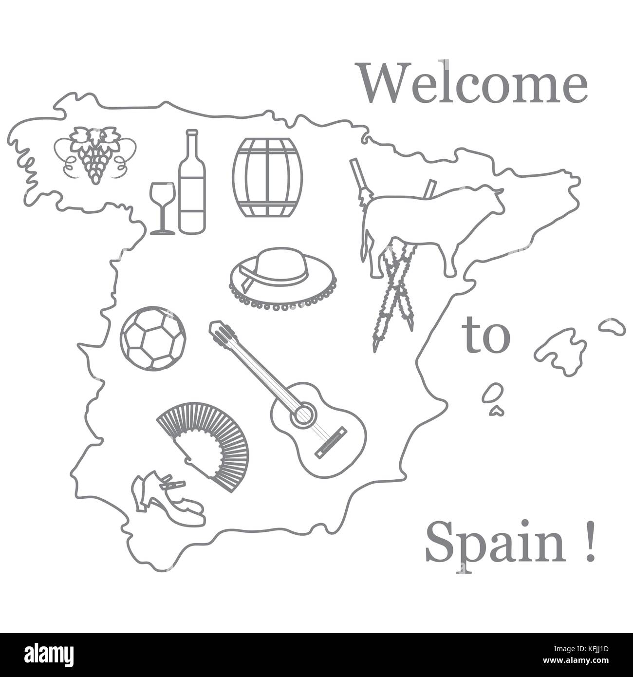 Illustrazione vettoriale con vari simboli della Spagna. viaggi e tempo libero. design per banner, poster o di stampa. Illustrazione Vettoriale