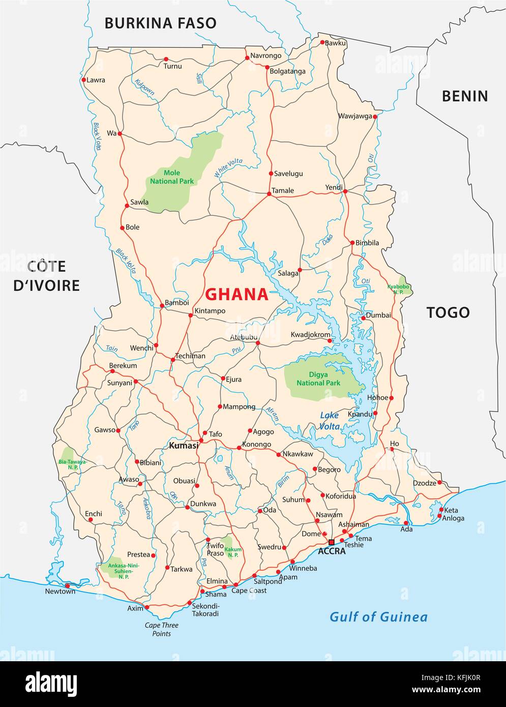 Il ghana road mappa vettoriale Illustrazione Vettoriale