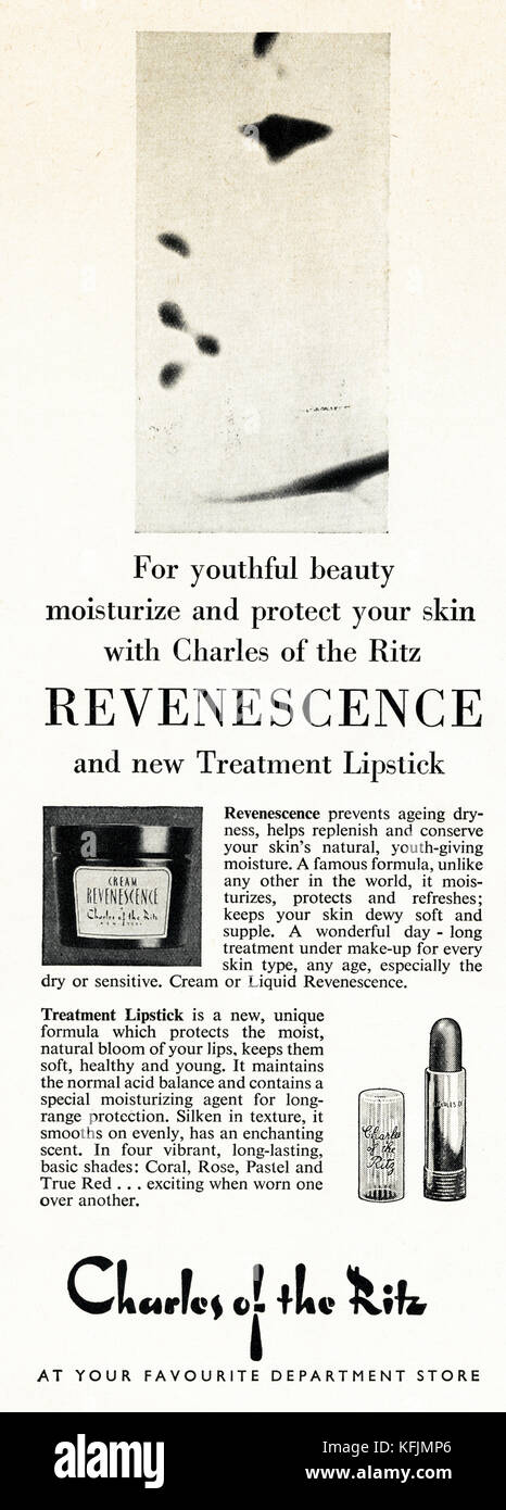 Anni Cinquanta vecchio vintage originale annuncio rivista britannica per la pubblicità a mezzo stampa pubblicità Charles del Ritz cosmetici datata 1958 REGNO UNITO Foto Stock