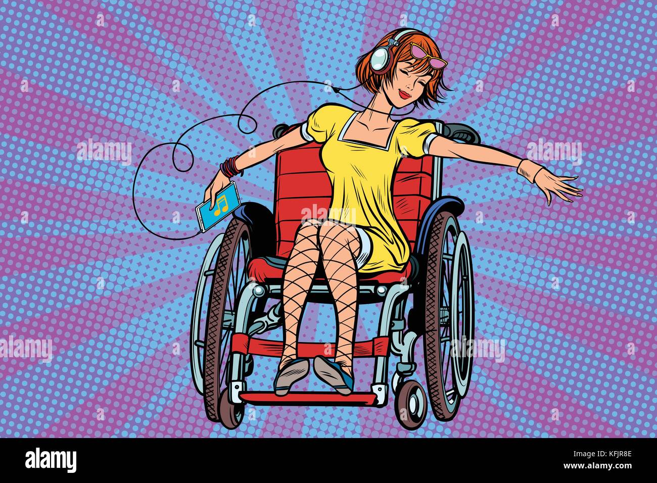 Moderno teen gioiosa ragazza disabili in sedia a rotelle e ascolto di m Illustrazione Vettoriale