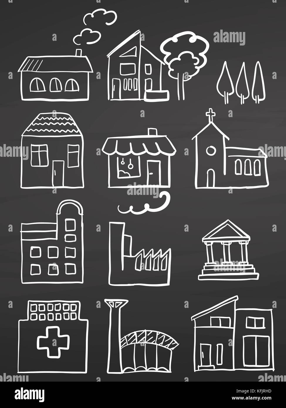 Casa vari schizzi sulla lavagna. Vettore Handdrawn sketch, pulire delinea, in stile vintage Blackboard. Illustrazione Vettoriale Casa vari schizzi sulla lavagna. Vettore Handdrawn sketch, pulire delinea, in stile vintage Blackboard. Illustrazione Vettoriale