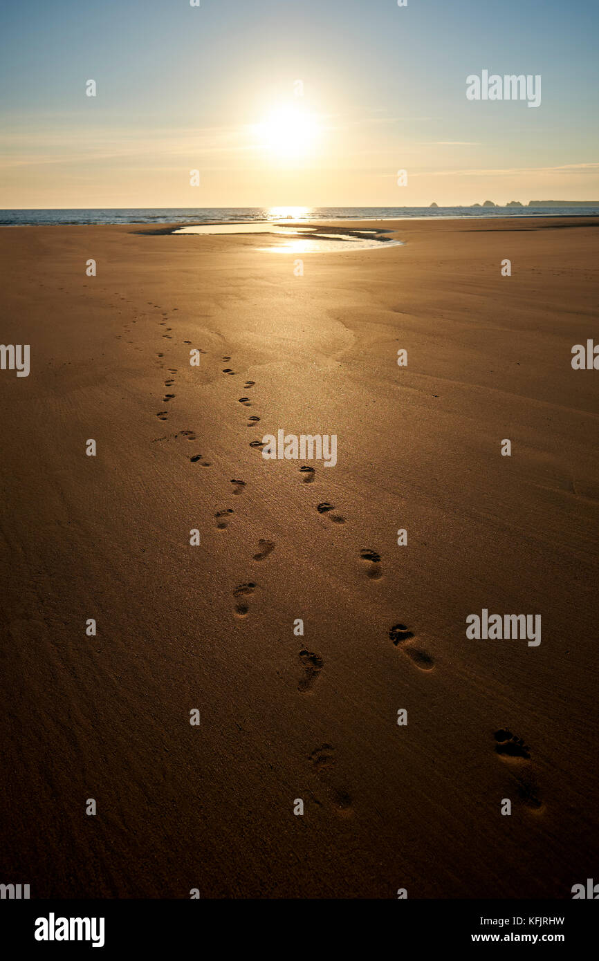 coppie di impronte su una spiaggia di sabbia vuota sulla Finistere costa in Bretagna Francia - lasciare solo impronte Foto Stock