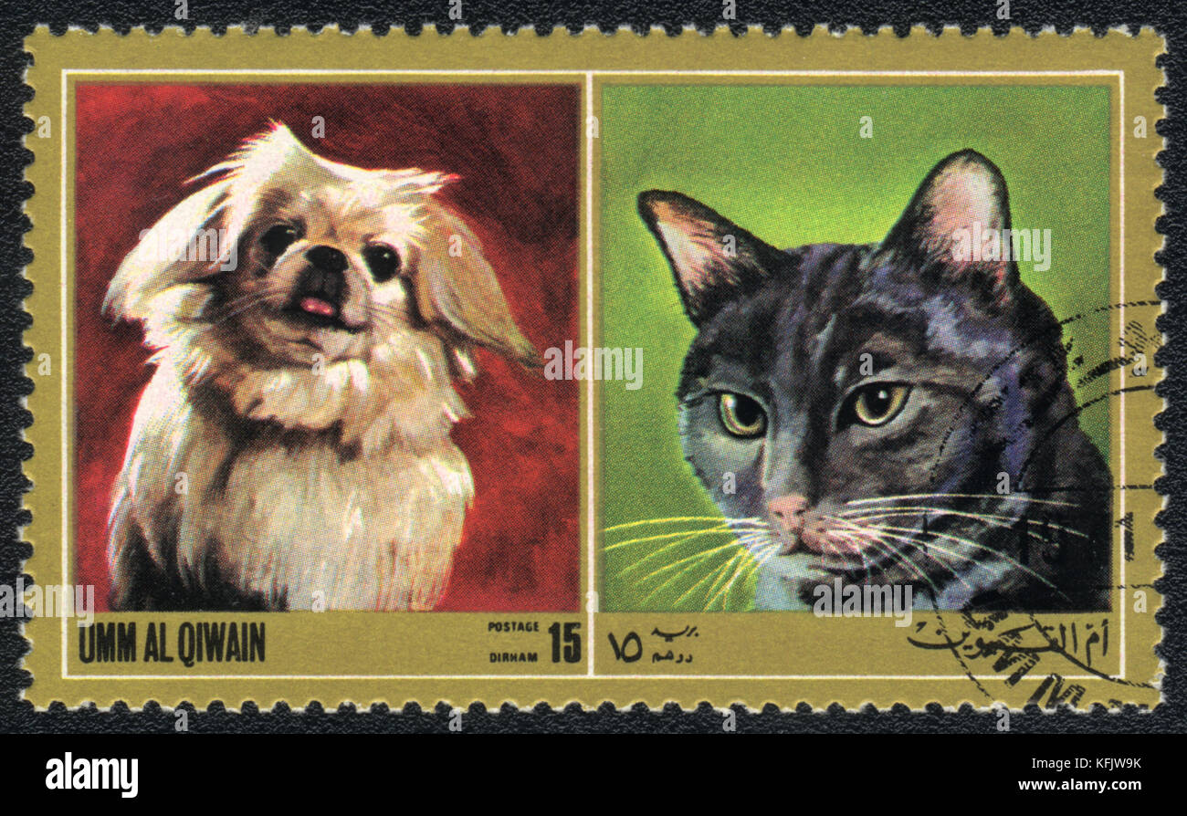 Un francobollo stampato in Umm al Qiwain mostra il gatto e il cane dalla serie: Razze diverse di cani e gatti, circa 1971 Foto Stock