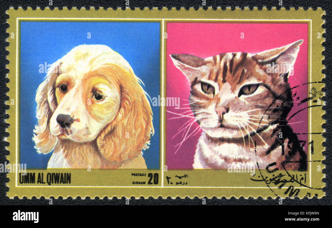 Un francobollo stampato in Umm al Qiwain mostra il gatto e il cane dalla serie: Razze diverse di cani e gatti, circa 1971 Foto Stock