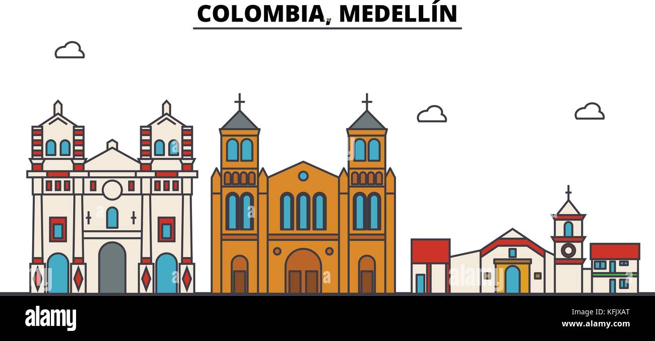 La Colombia, medellin contorno dello skyline della città, illustrazione lineare, banner, viaggio landmark, edifici silhouette,vettore Illustrazione Vettoriale