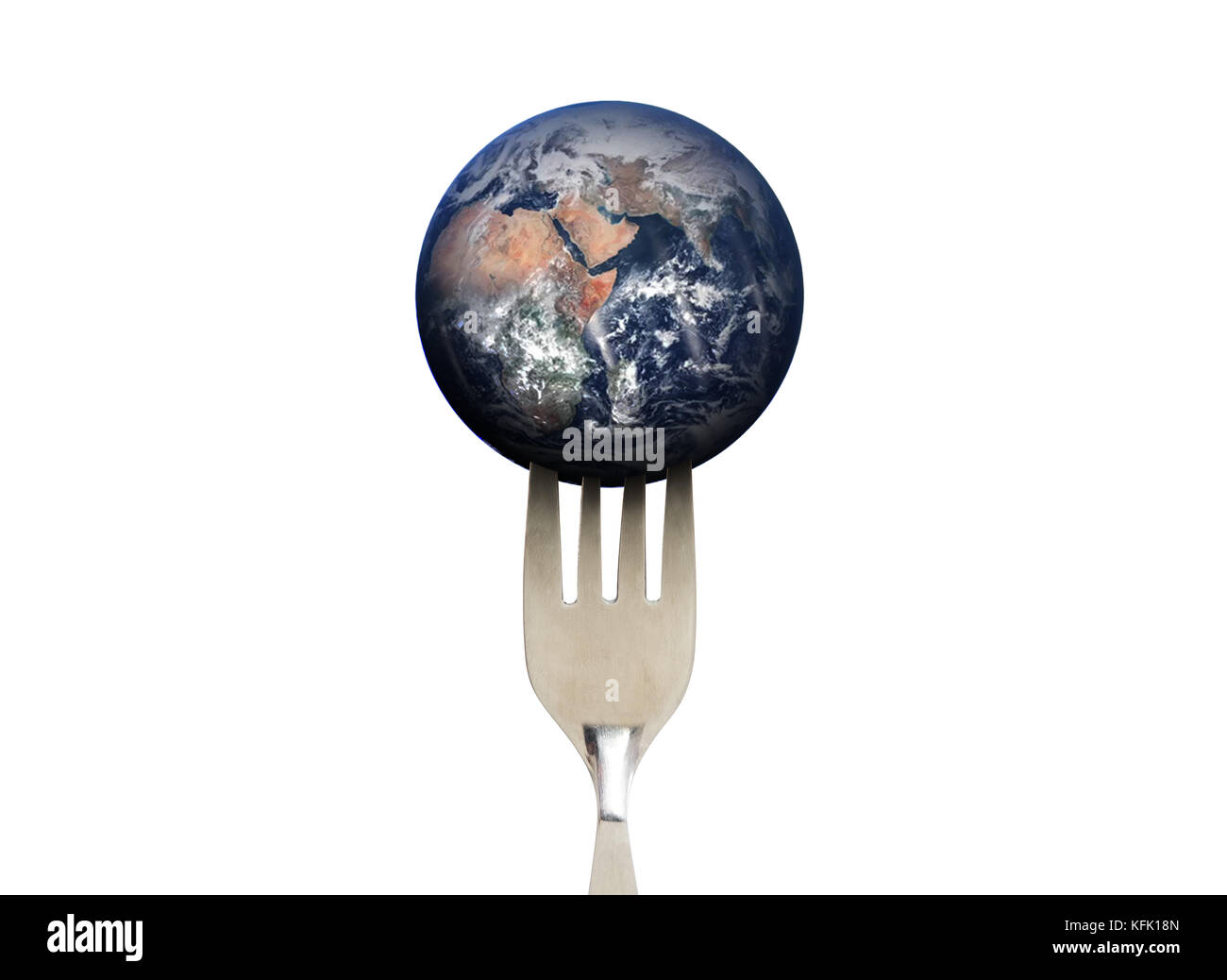 Blue Planet Earth con forcella, isolati su sfondo bianco, ambientale e concetto di cibo. Gli elementi di questa immagine sono arredate dalla NASA Foto Stock