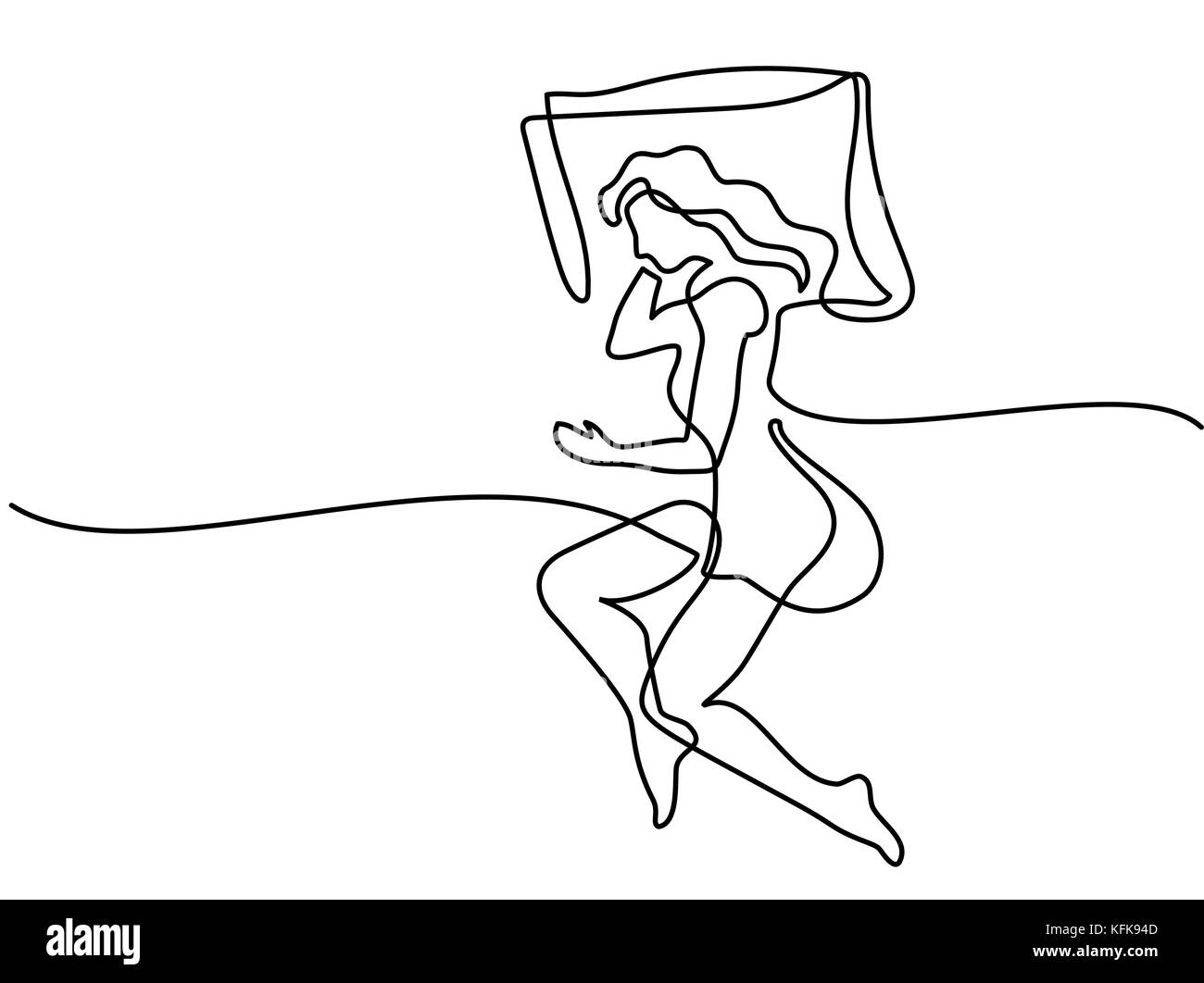 Rappresentazione in linea continua. Bella donna di sleeping pongono sul cuscino. Illustrazione Vettoriale Illustrazione Vettoriale