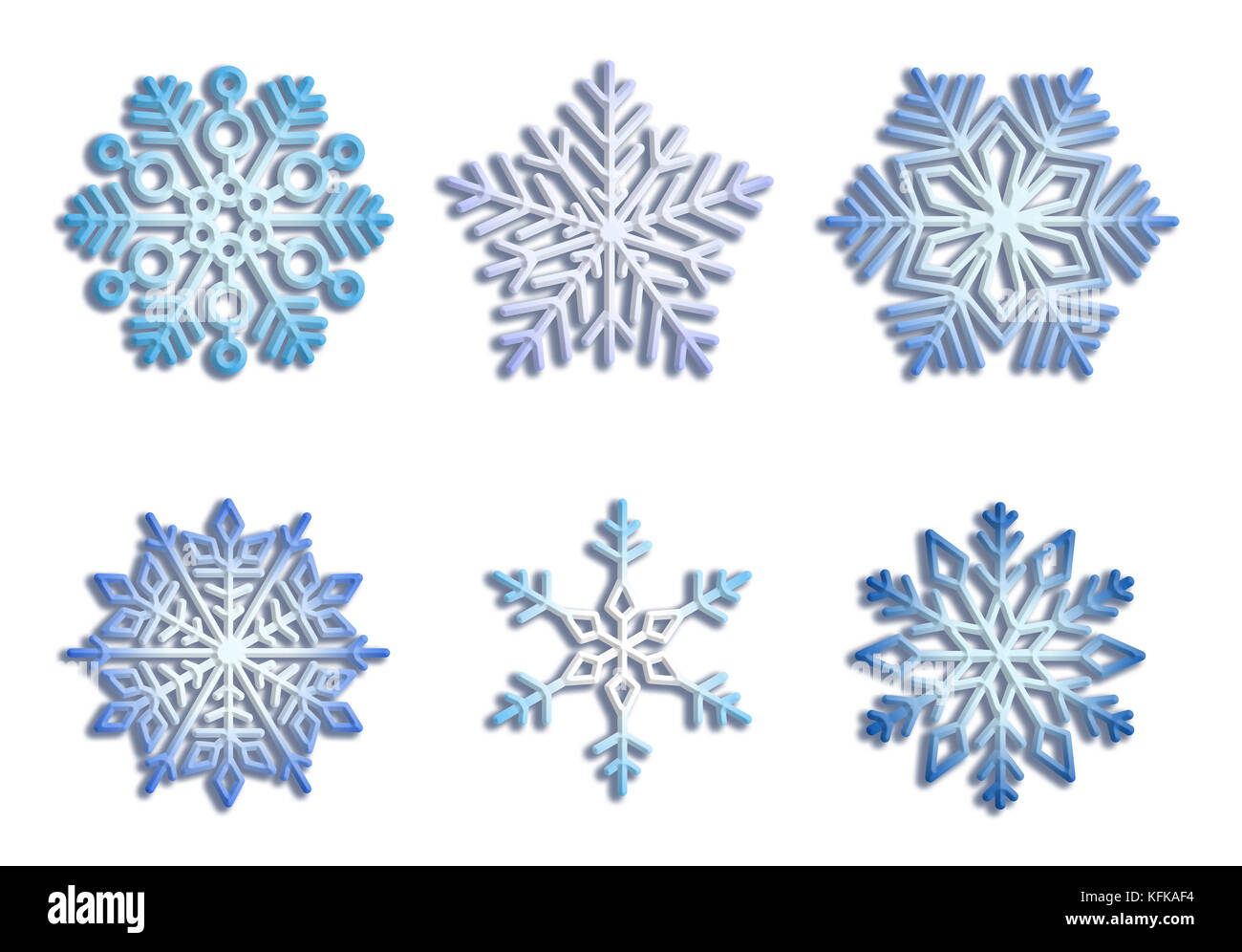 Set di fiocchi di neve. elementi d'inverno. fiocchi di neve blu su sfondo bianco. configurazione astratta. Foto Stock