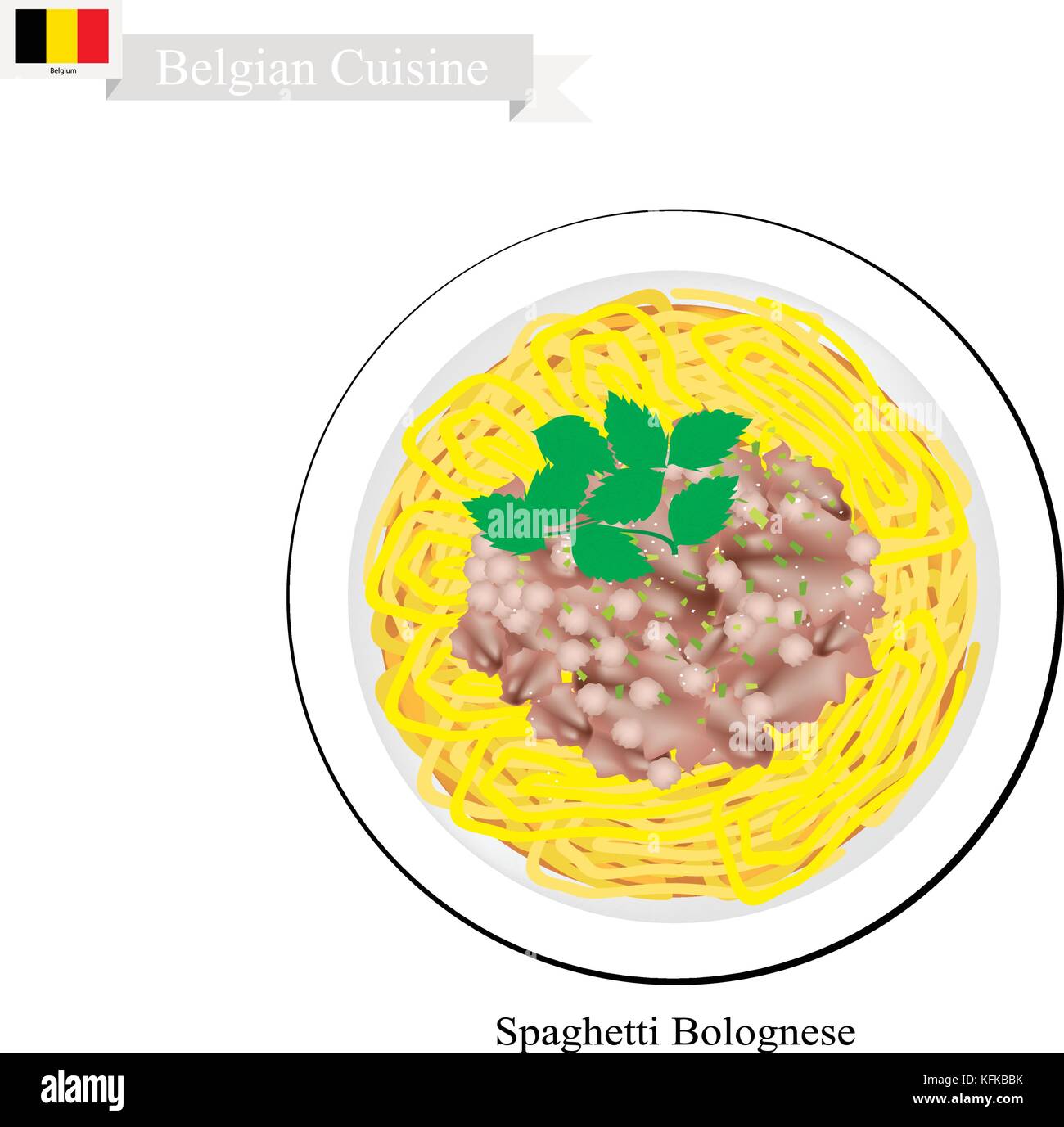 Cucina belga, illustrazione di spaghetti alla bolognese o il tradizionale bolognese con le carni bovine macinate, salsa di pomodoro, formaggio parmigiano e basilico. Uno dei mo Illustrazione Vettoriale