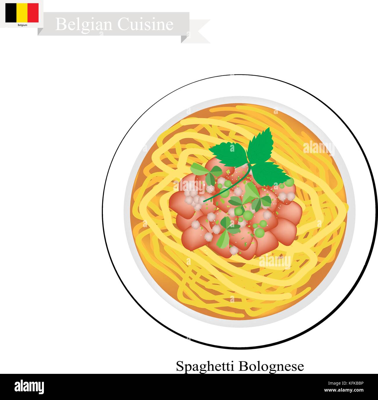 Cucina belga, illustrazione di spaghetti alla bolognese o il tradizionale bolognese con le carni bovine macinate, salsa di pomodoro, formaggio parmigiano e basilico. Uno dei mo Illustrazione Vettoriale