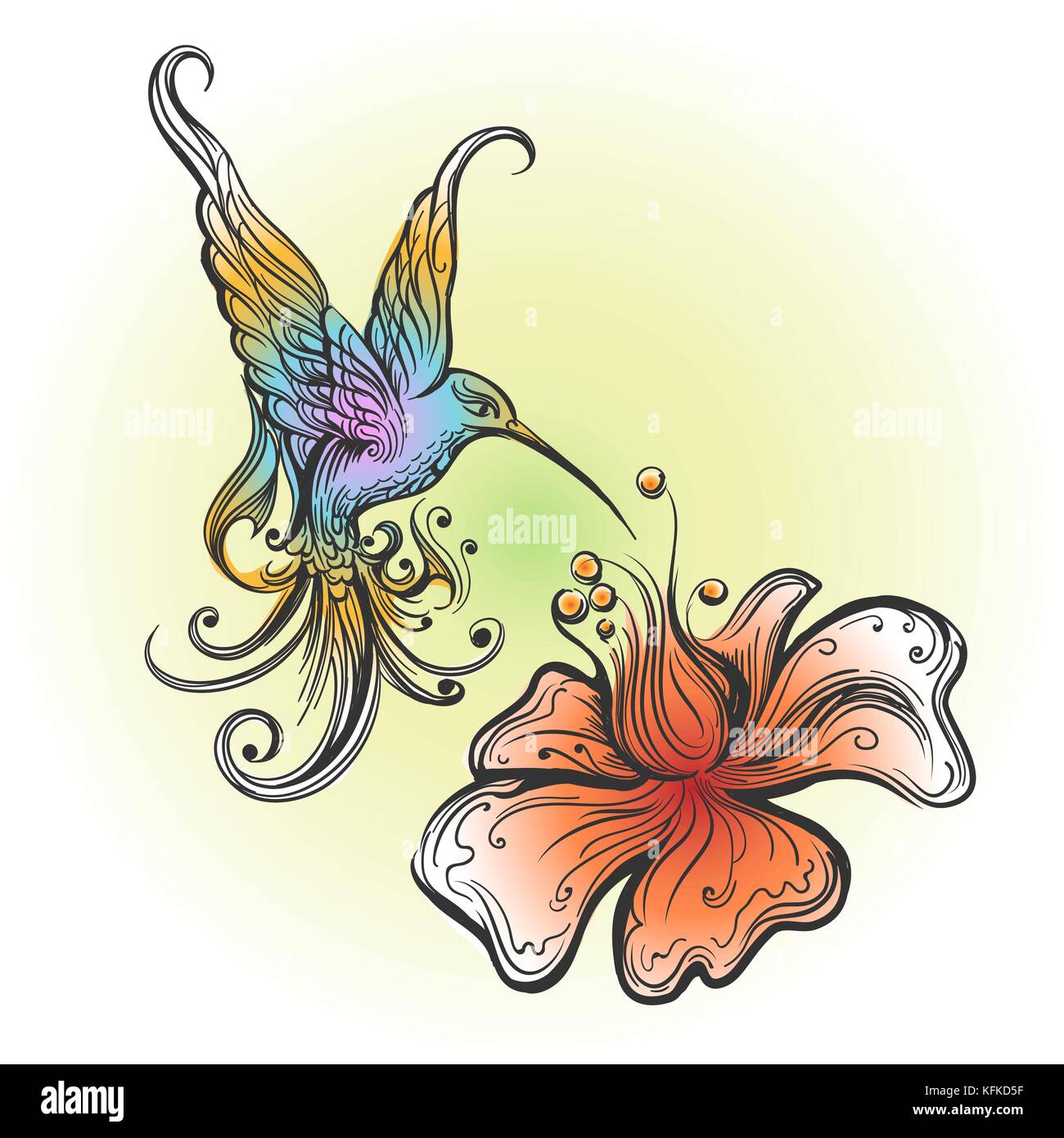 Flying hummingbird sorseggiando il nettare dal fiore disegnato in stile tatuaggio. illustrazione vettoriale Illustrazione Vettoriale