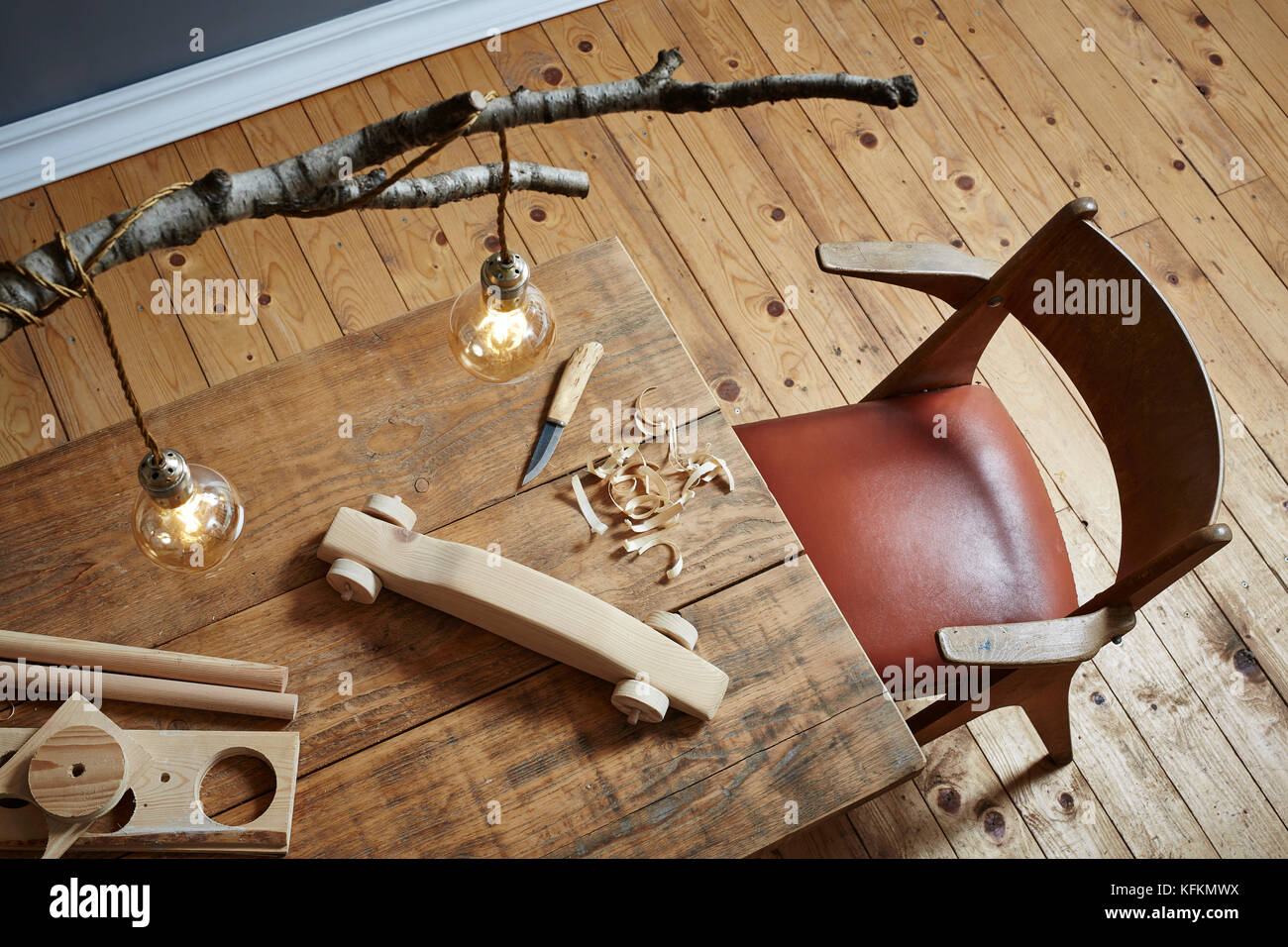 Intaglio del legno workspace hobby creativi in legno e design moderno Foto Stock