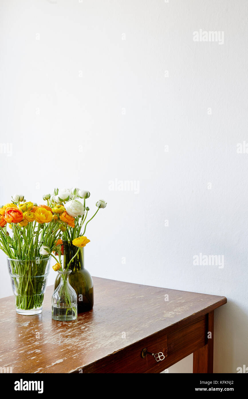 Utilizzate la tabella con buttercup fiori sul muro bianco Foto Stock