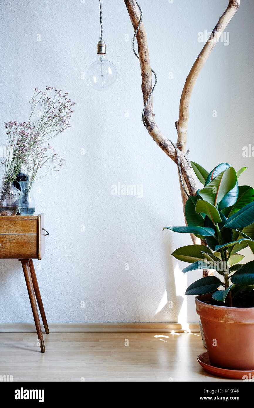 Vivace atmosfera soleggiato soggiorno decorazione armadio piante e lampada di diramazione Foto Stock
