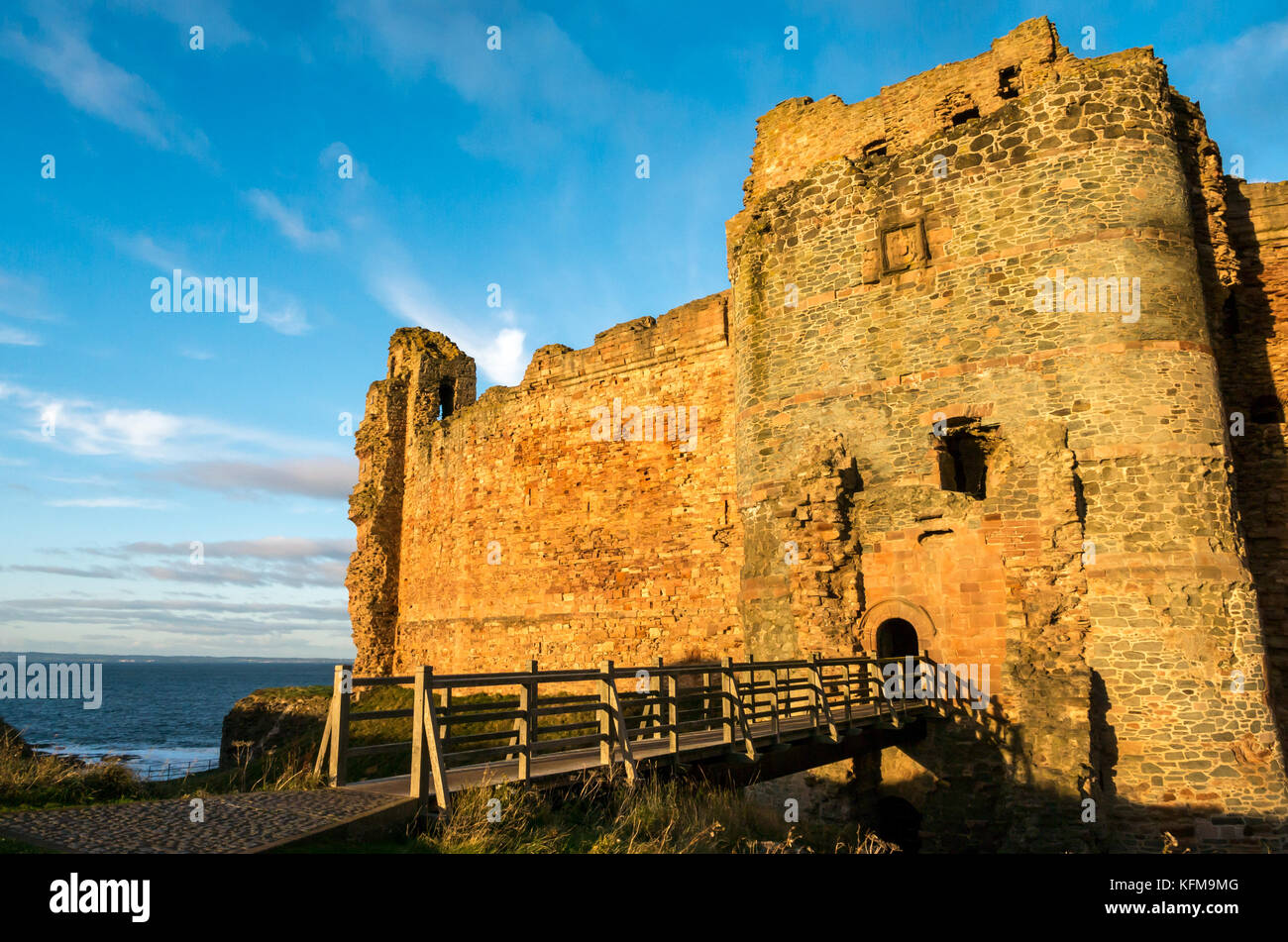 East Lothian, Scozia, Regno Unito. Caldo a bassa luce del sole al tramonto sulla parete di tamponamento del XIV secolo rovinato Tantallon Castle, cliff nel Firth of Forth vicino a North Berwick Foto Stock