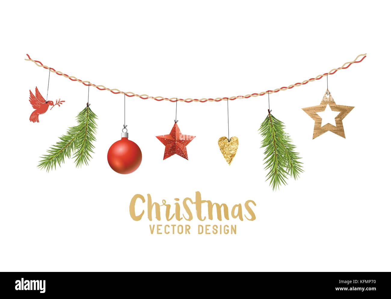 Appendere le decorazioni di Natale composizione con abete rami, stelle di legno e xmas baubles. illustrazione vettoriale Illustrazione Vettoriale