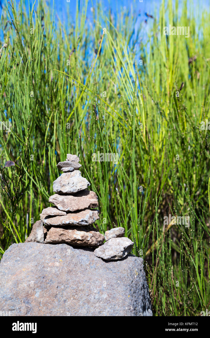 Una pila di rocce equilibrate con erba alta nel sfondo Foto Stock