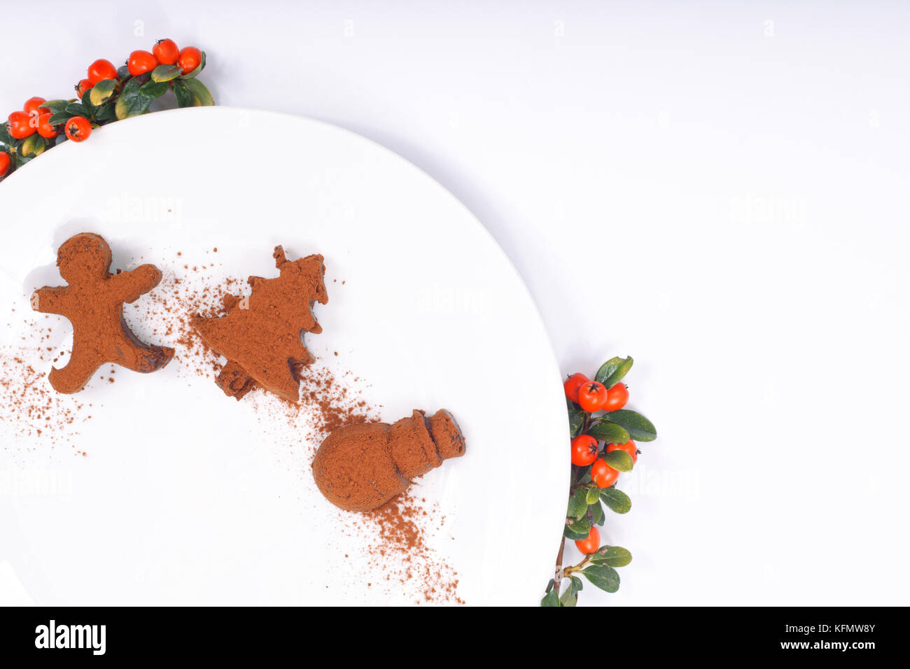 Holiday Food Concept tartufo di cioccolato fatto in casa a Natale e Capodanno forma decorazione su bianco con spazio copia Foto Stock