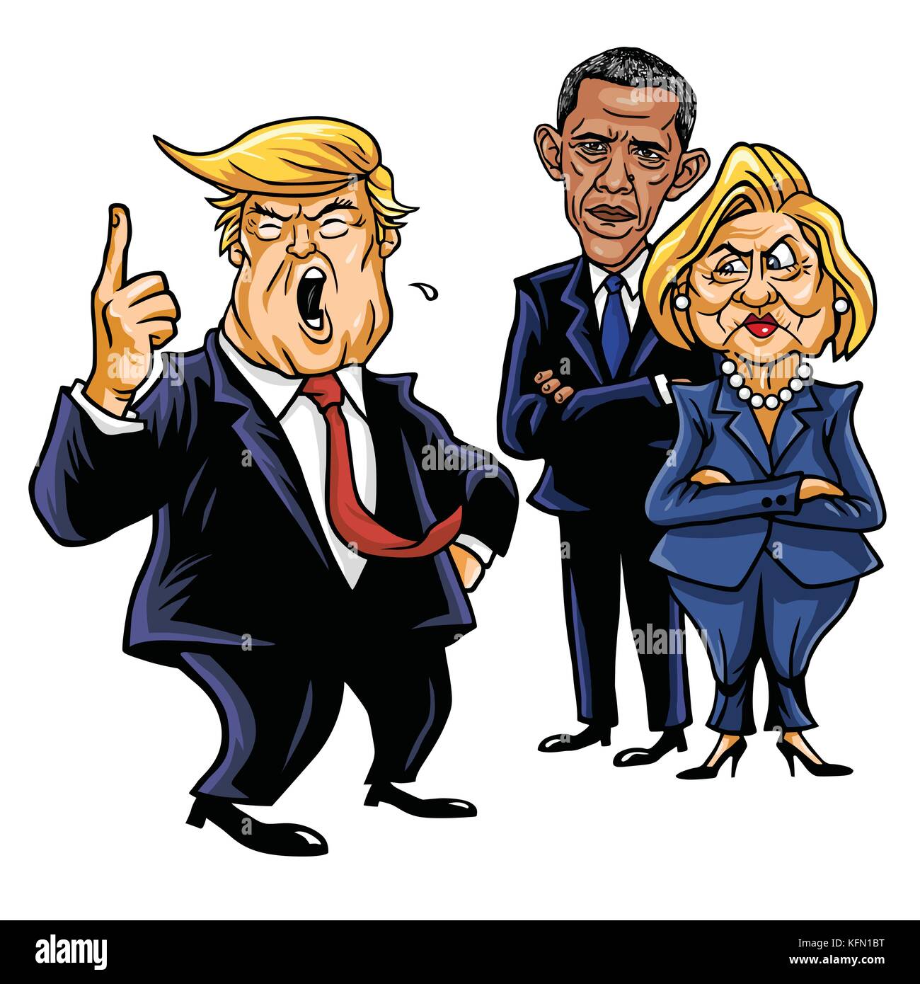 Donald Trump, Hillary Clinton e Barack Obama. cartoon caricatura illustrazione vettoriale. Novembre 1, 2017 Illustrazione Vettoriale