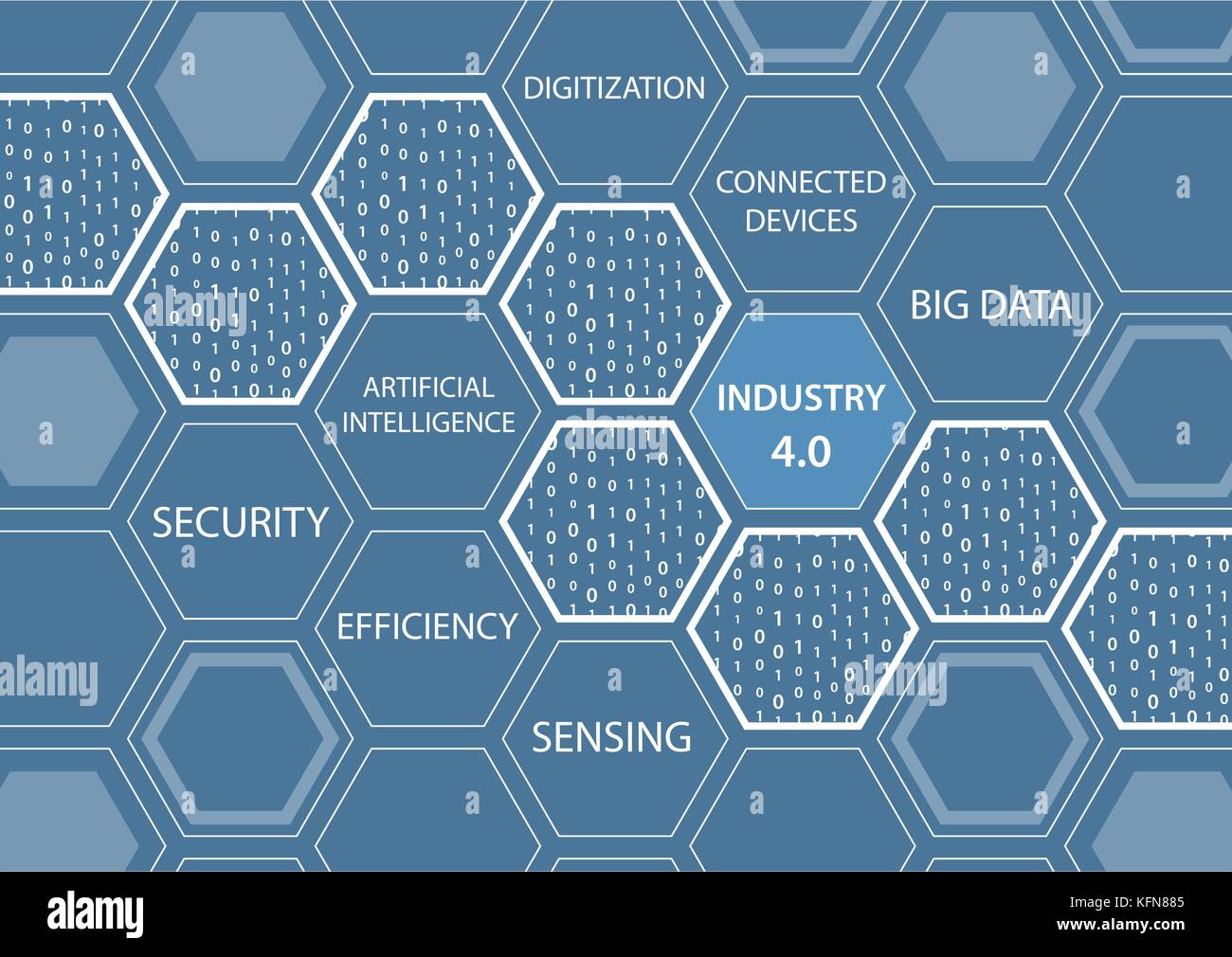 L'industria 4.0 concetto con sfondo blu e collegato forme esagonali Illustrazione Vettoriale