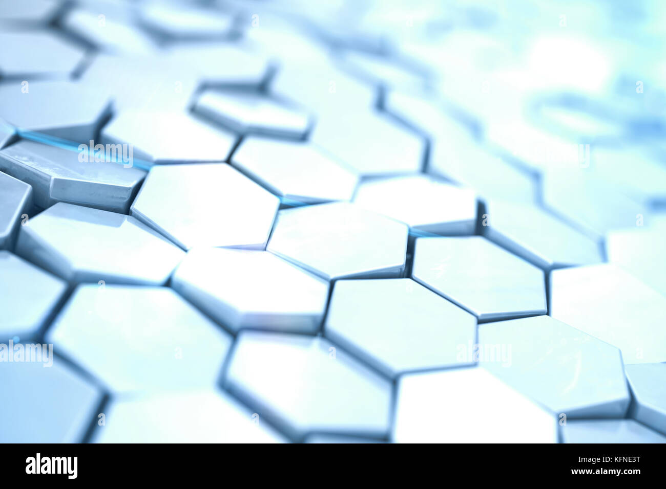 Futuristick astratto sfondo esagonale con effetto di profondità di campo. struttura di un gran numero di esagoni di acciaio della parete alveolare texture, lucido cluster esagonale sfondo, rendering 3D Foto Stock