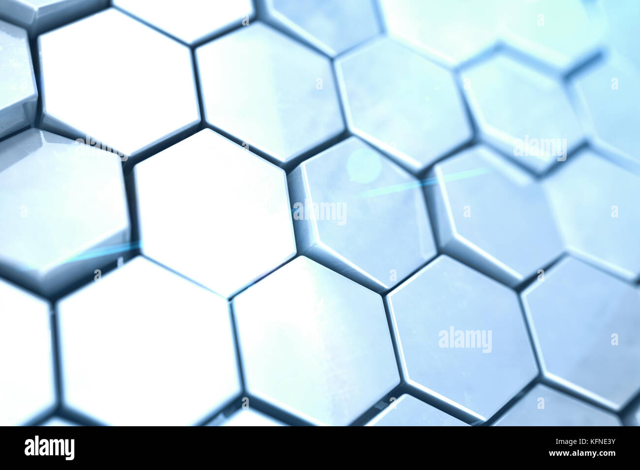 Futuristick astratto sfondo esagonale con effetto di profondità di campo. struttura di un gran numero di esagoni di acciaio della parete alveolare texture, lucido cluster esagonale sfondo, rendering 3D Foto Stock