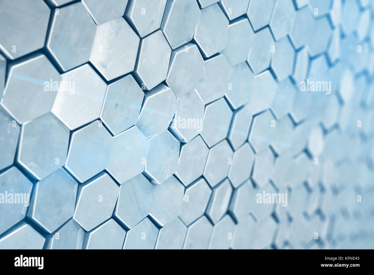 Futuristick astratto sfondo esagonale con effetto di profondità di campo. struttura di un gran numero di esagoni di acciaio della parete alveolare texture, lucido cluster esagonale sfondo, rendering 3D Foto Stock