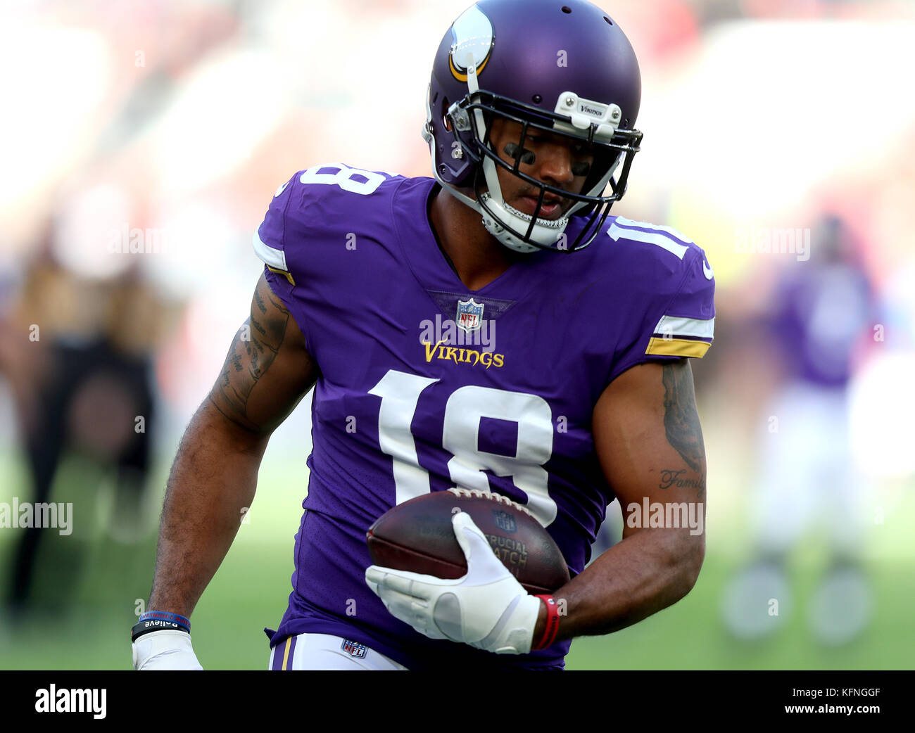 Michael Floyd dei Minnesota Vikings durante il warm-up precedente durante la partita NFL della International Series a Twickenham, Londra. PREMERE ASSOCIAZIONE foto. Data immagine: Domenica 29 ottobre 2017. Vedi PA storia GRIDIRON Londra. Il credito fotografico dovrebbe essere: Simon Cooper/PA Wire. Foto Stock