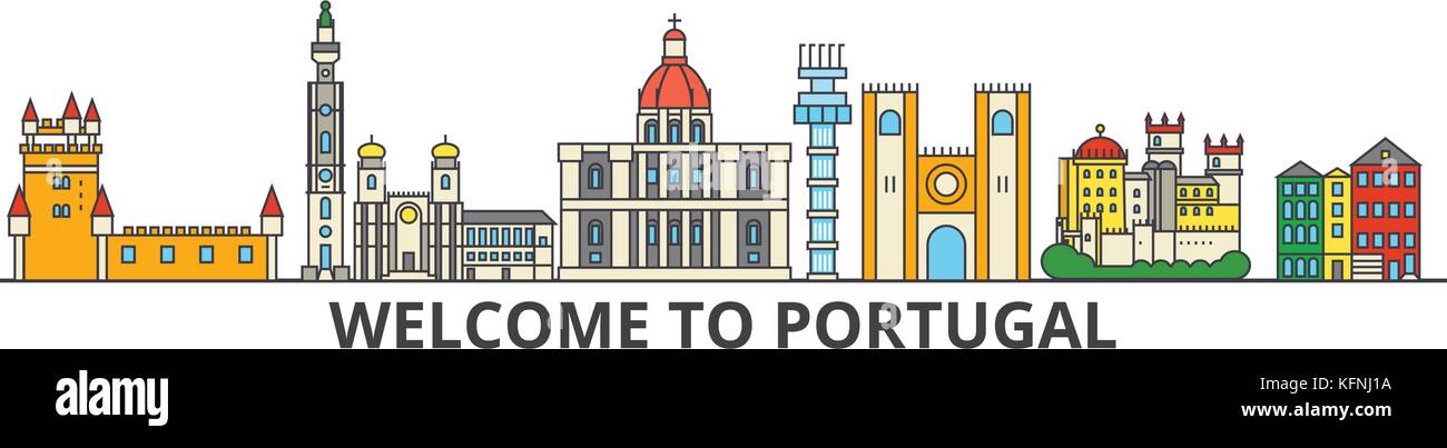 Il portogallo lo skyline di contorno, portoghese piatto e sottile icone di linea, punti di riferimento, illustrazioni. Portogallo cityscape, trasferta portoghese città banner vettore. silhouette urbana Illustrazione Vettoriale