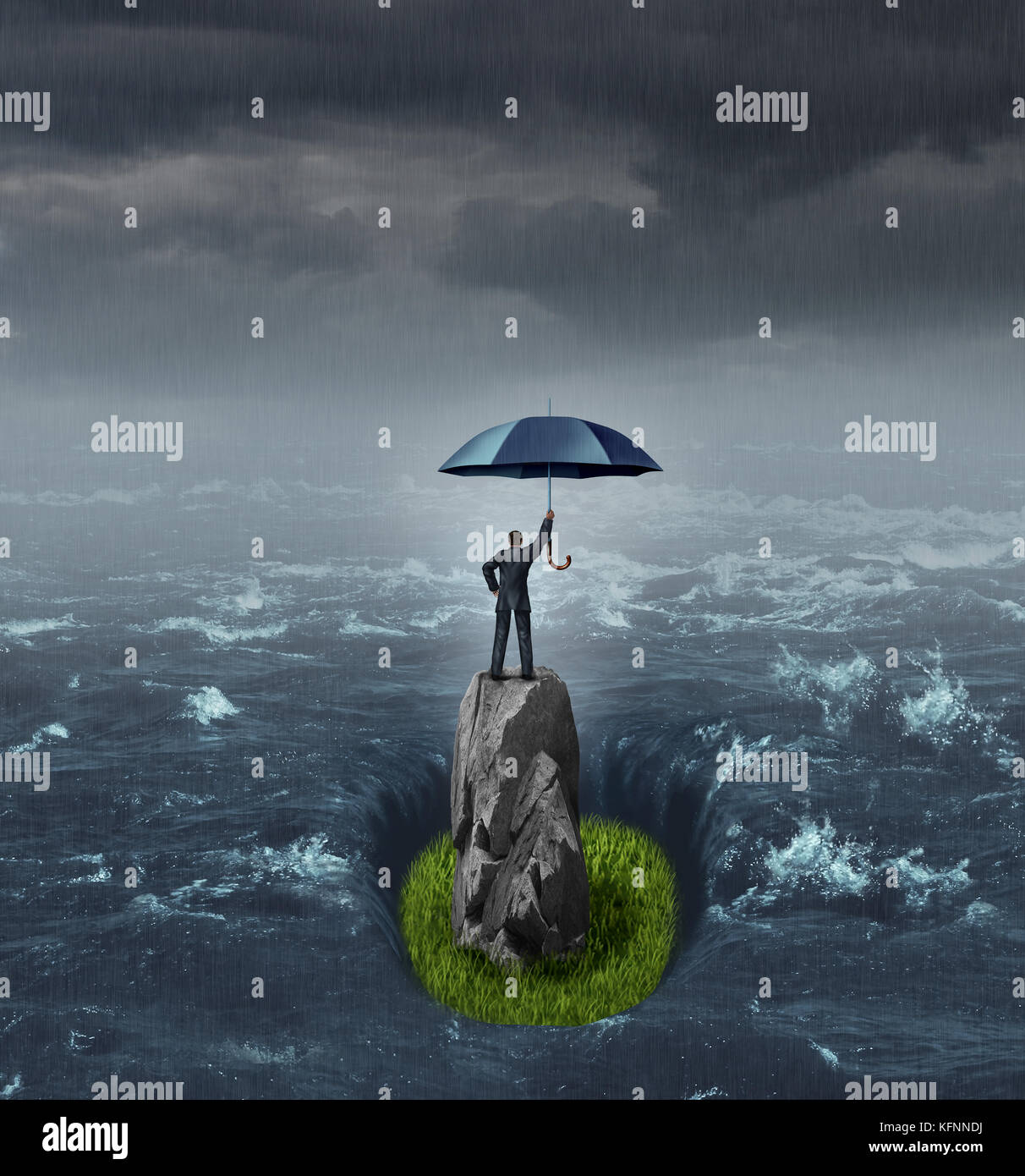 Imprenditore di successo il concetto di pensare come una persona in possesso di un ombrello nel mezzo di un diluvio o dell'oceano in piedi su una roccia a secco con pavimento in erba. Foto Stock