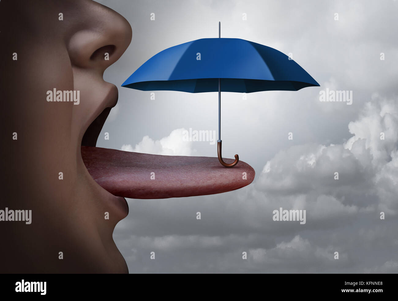 La protezione della bocca o alito cattivo trattamento orale simbolo di salute e di evitare la tossina in un alimento o ingrediente tossico o allergia e allergie il concetto di rischio. Foto Stock