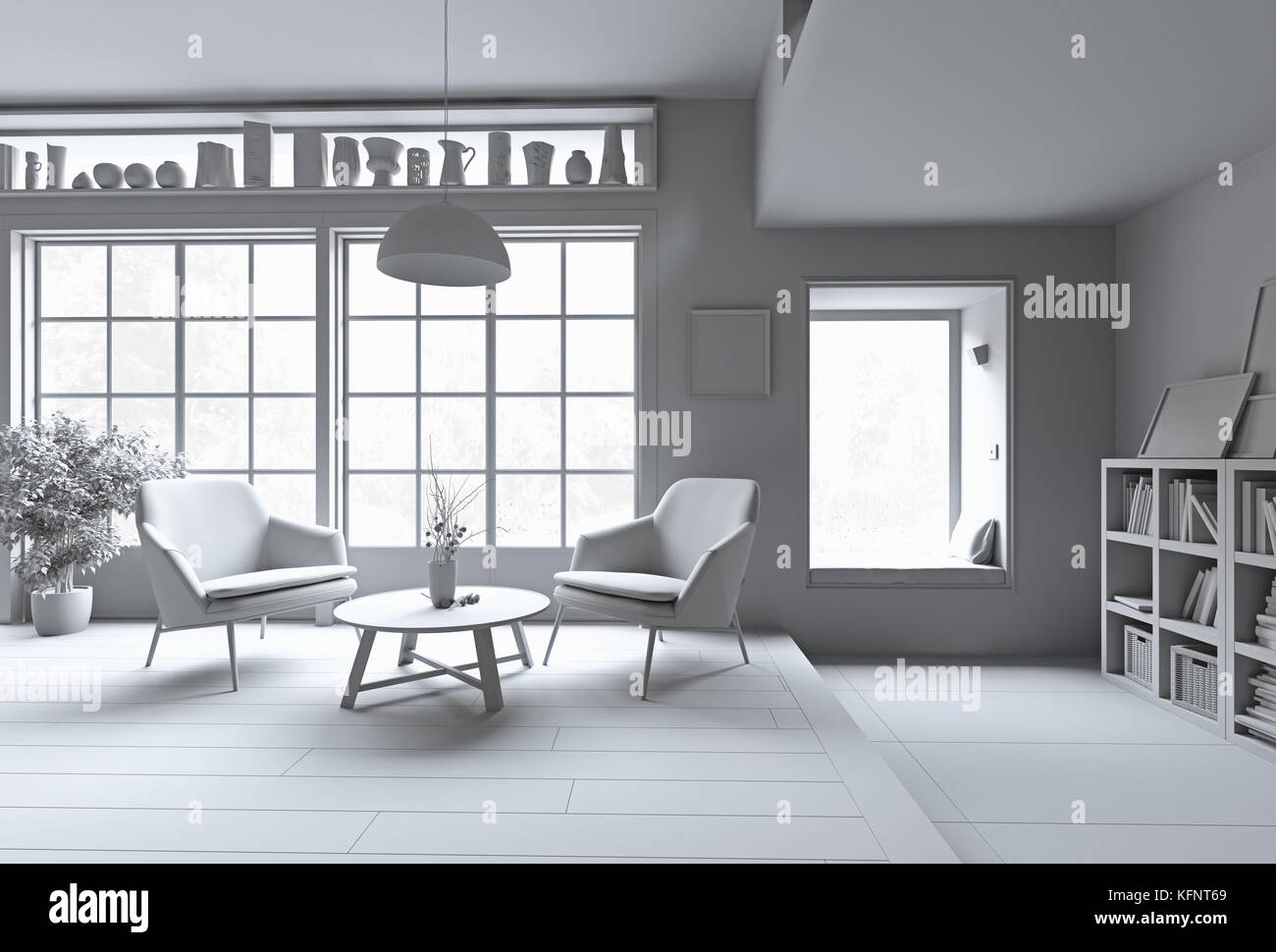 Interni moderni. Concetto di rendering bianco. illustrazione 3d. Foto Stock