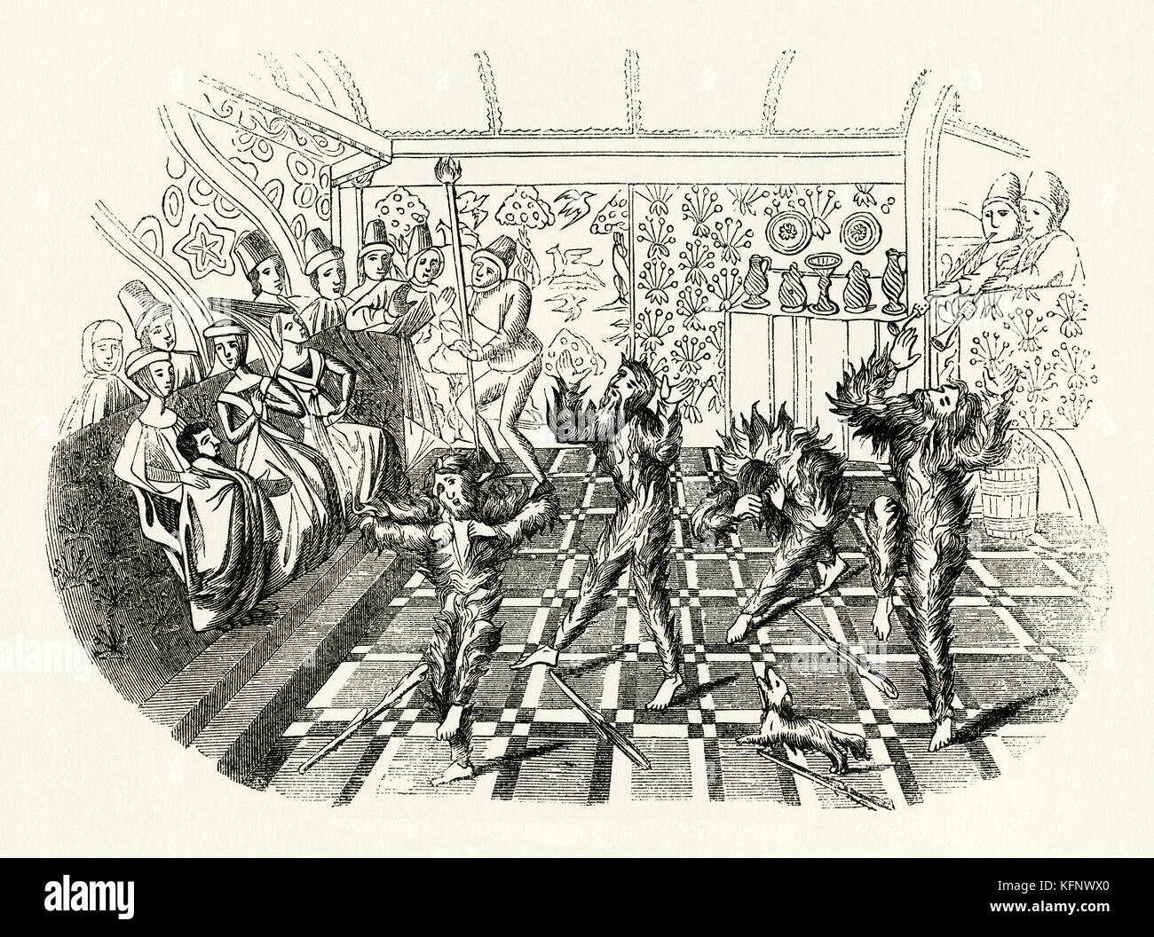 Un'antica incisione medievale di mummers o "guisers" (dalla parola travestimento). Si trattava di una prima forma di esibizioni mascherate: I giocatori si travestiscono vestendosi in costume Foto Stock