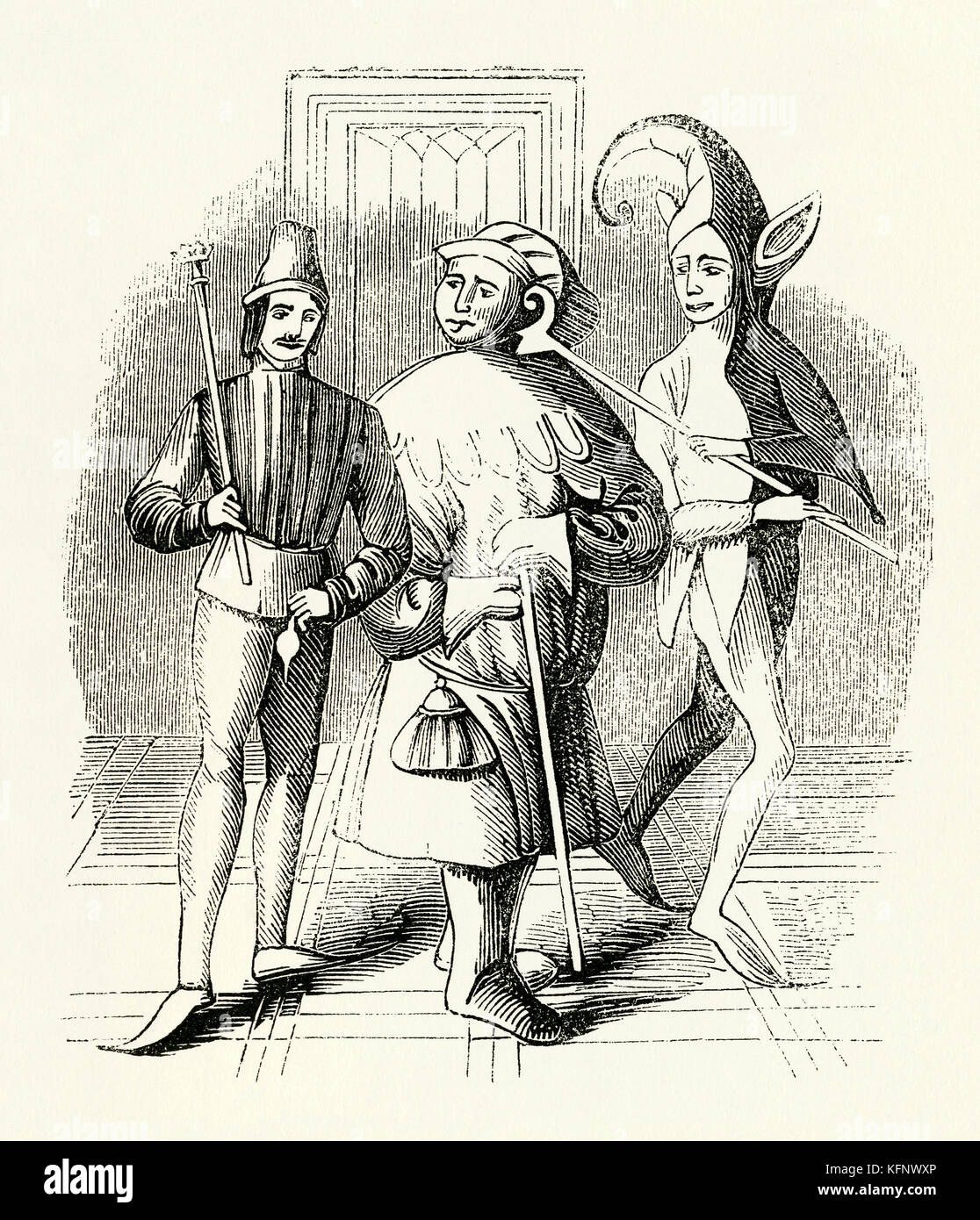 Un'antica incisione medievale di sciocchi, bufoni, giostrini (o giusti di corte). Il pazzo era storicamente un intrattenitore durante il Medioevo e il Rinascimento che era un membro della famiglia di un nobile o di un monarca impiegato per intrattenere loro e i loro ospiti Foto Stock