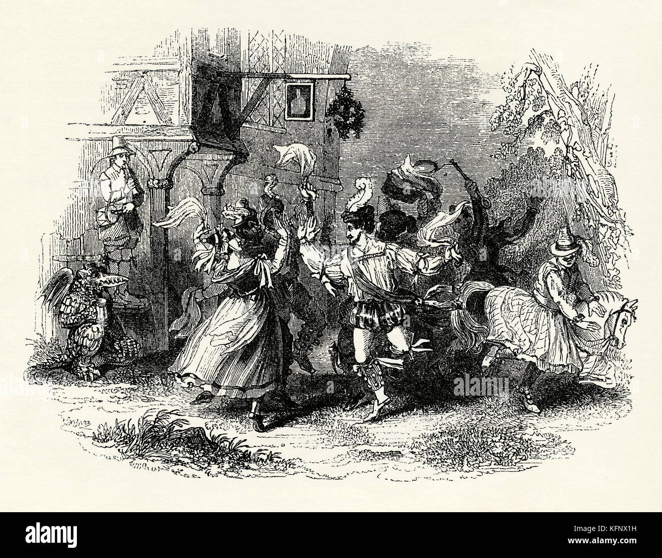 Un'antica incisione di Morris Dancing, una prima forma di danza popolare inglese solitamente accompagnata da musica. Un uomo in questa illustrazione indossa un cavallo da hobby e un musicista si vede a sinistra Foto Stock
