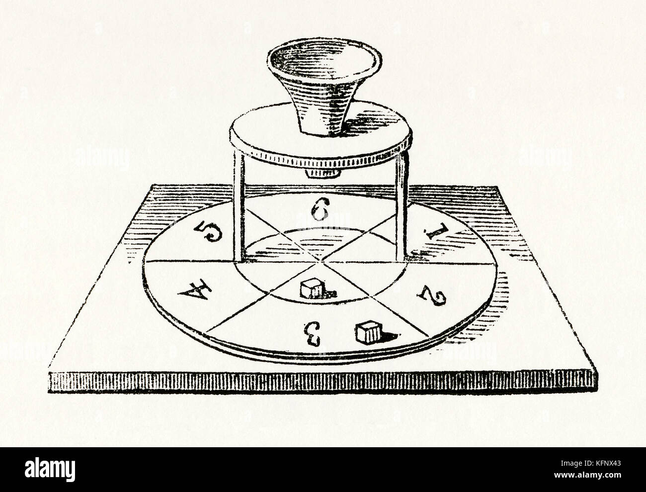 Un'antica incisione medievale di un gioco di lancio dei dadi. È dotato di un dispositivo a imbuto meccanico (o scatola dei dadi) in cui i dadi sono stati messi sopra una tavola di legno Foto Stock