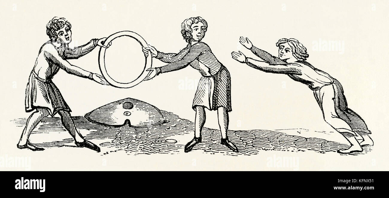 Incisione medievale di un gioco a cerchio che prevedeva il salto attraverso il cerchio. I canottoli sono stati usati nei giochi fin dai tempi antichi Foto Stock