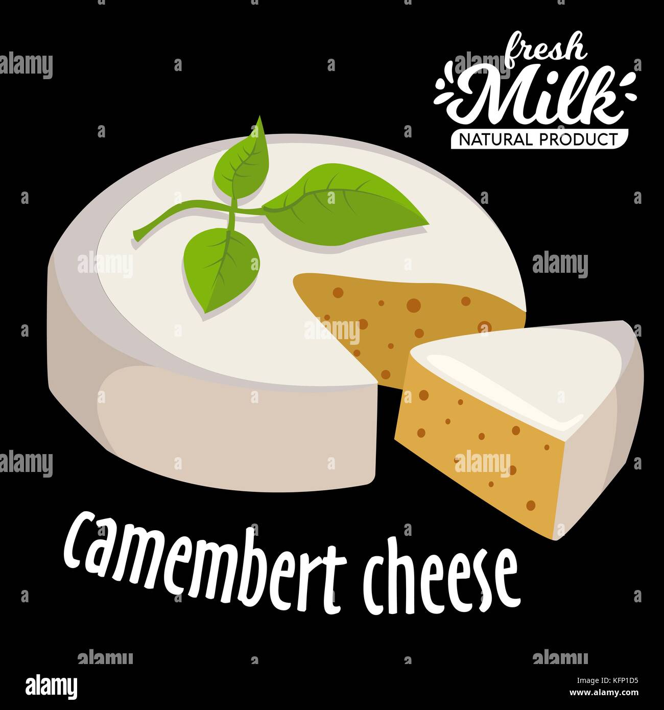 Formaggio Camembert. fresco formaggio camembert e una fetta con foglie. italiano, formaggio francese. Illustrazione Vettoriale