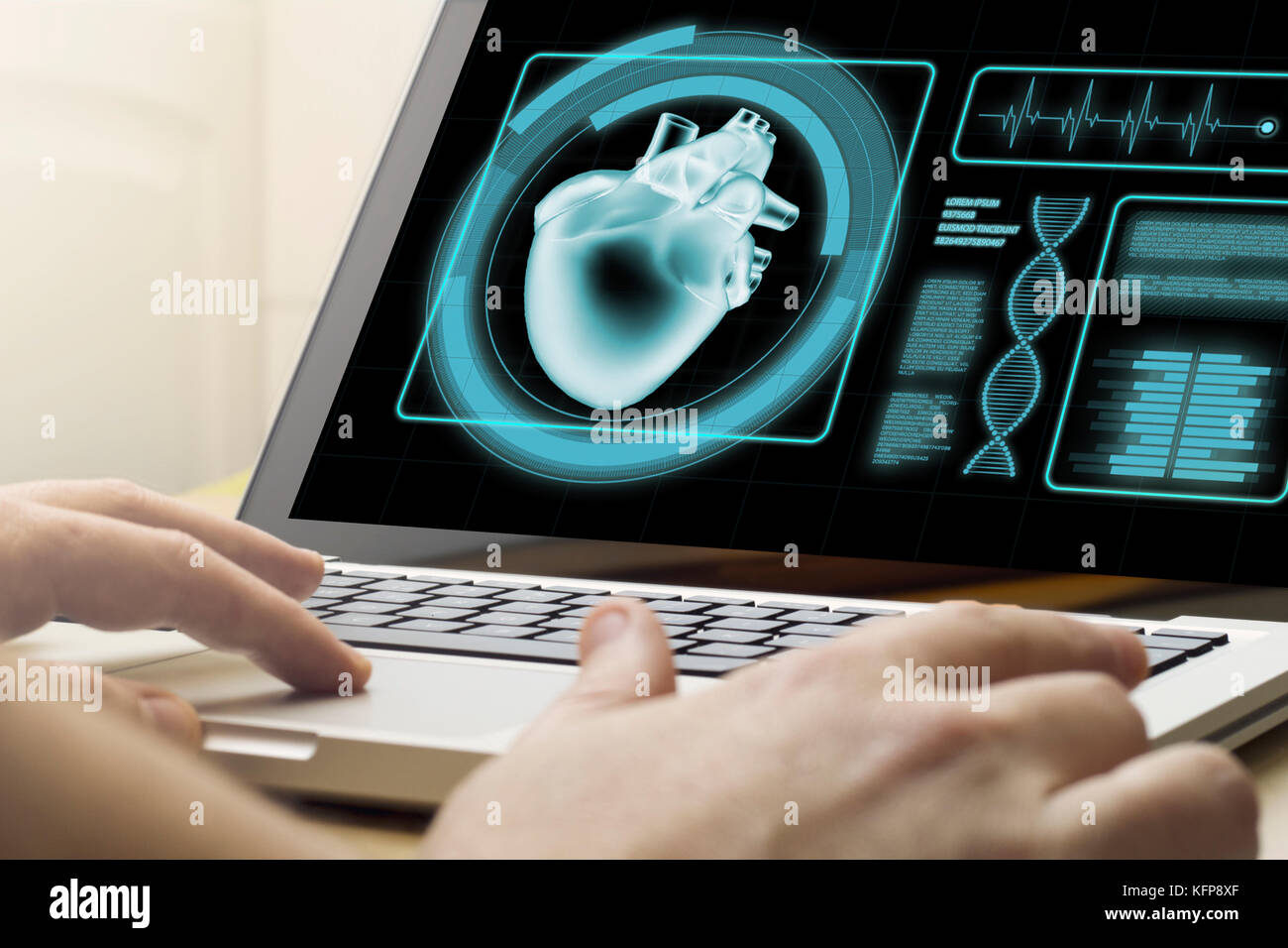 Concetto medico: un uomo che sta utilizzando un computer portatile con il software medico sullo schermo. i grafici dello schermo sono costituiti. Foto Stock