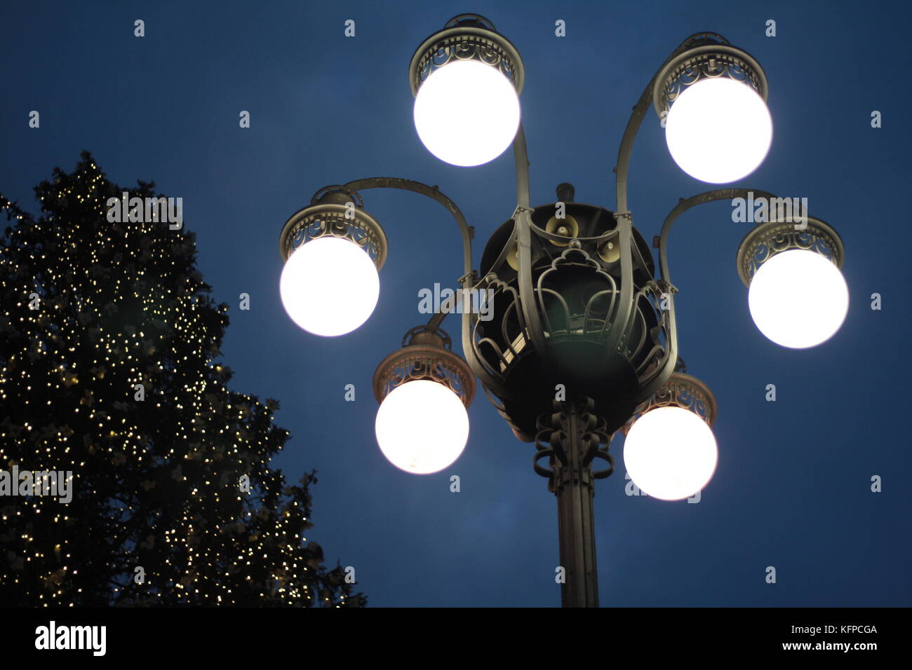 Antica strada più luce nella piazza del Duomo di Milano, fotografata sul tempo di Natale con un grande albero di natale in background all'ora blu. Foto Stock