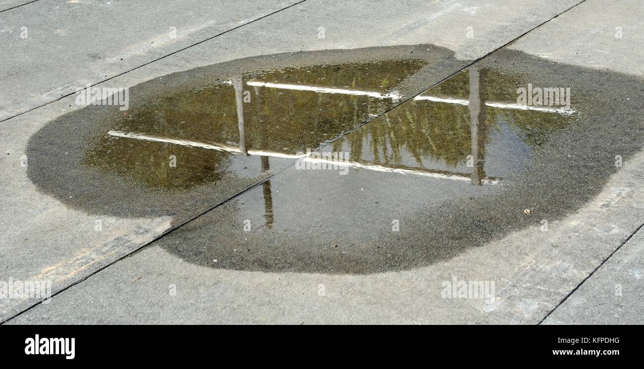 Ringhiere metalliche riflesso in una pozza d'acqua Foto Stock
