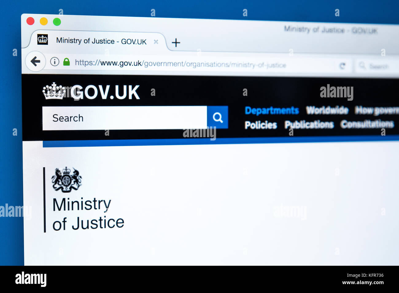 LONDON, Regno Unito - 30 OTTOBRE 2017: la homepage del Ministero della giustizia il governo del Regno Unito sito web, il 30 ottobre 2017. Foto Stock