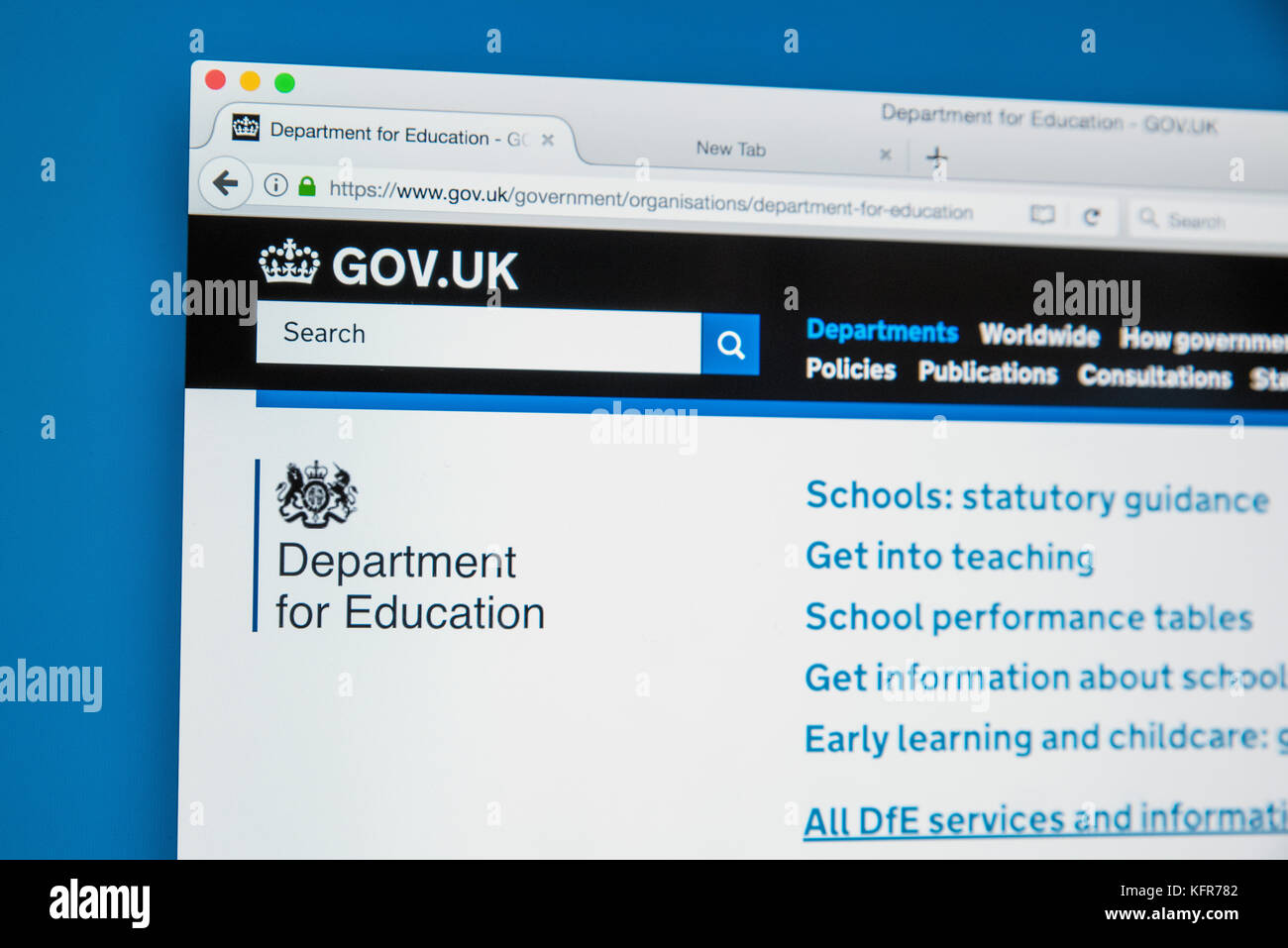 LONDON, Regno Unito - 30 OTTOBRE 2017: la homepage del Dipartimento per l'istruzione il governo del Regno Unito sito web, il 30 ottobre 2017. Foto Stock