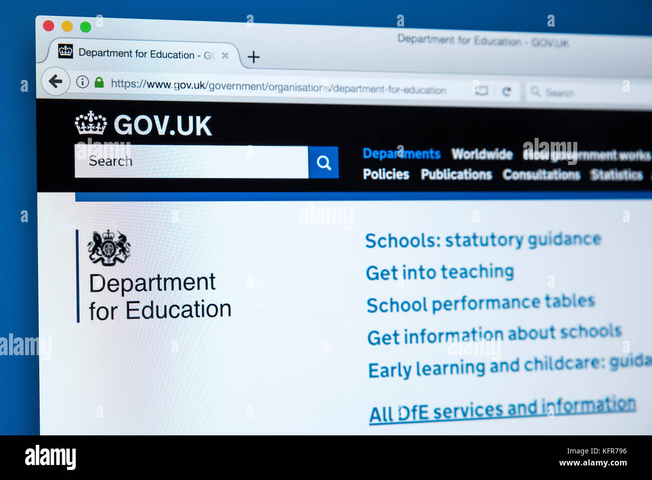 LONDON, Regno Unito - 30 OTTOBRE 2017: la homepage del Dipartimento per l'istruzione il governo del Regno Unito sito web, il 30 ottobre 2017. Foto Stock