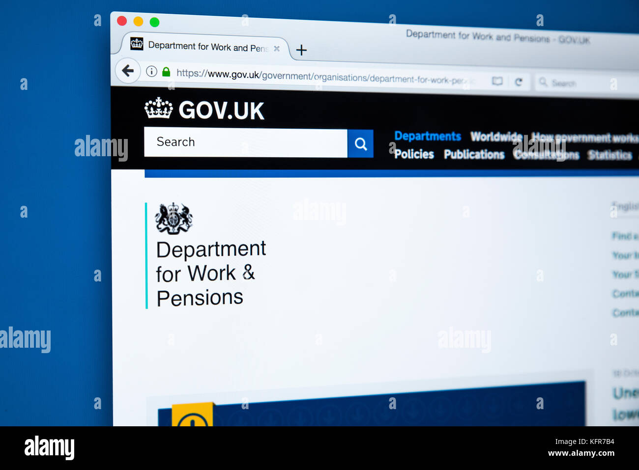 LONDON, Regno Unito - 30 OTTOBRE 2017: la homepage del Ministero del Lavoro e delle pensioni il governo del Regno Unito sito web, il 30 ottobre 2017. Foto Stock