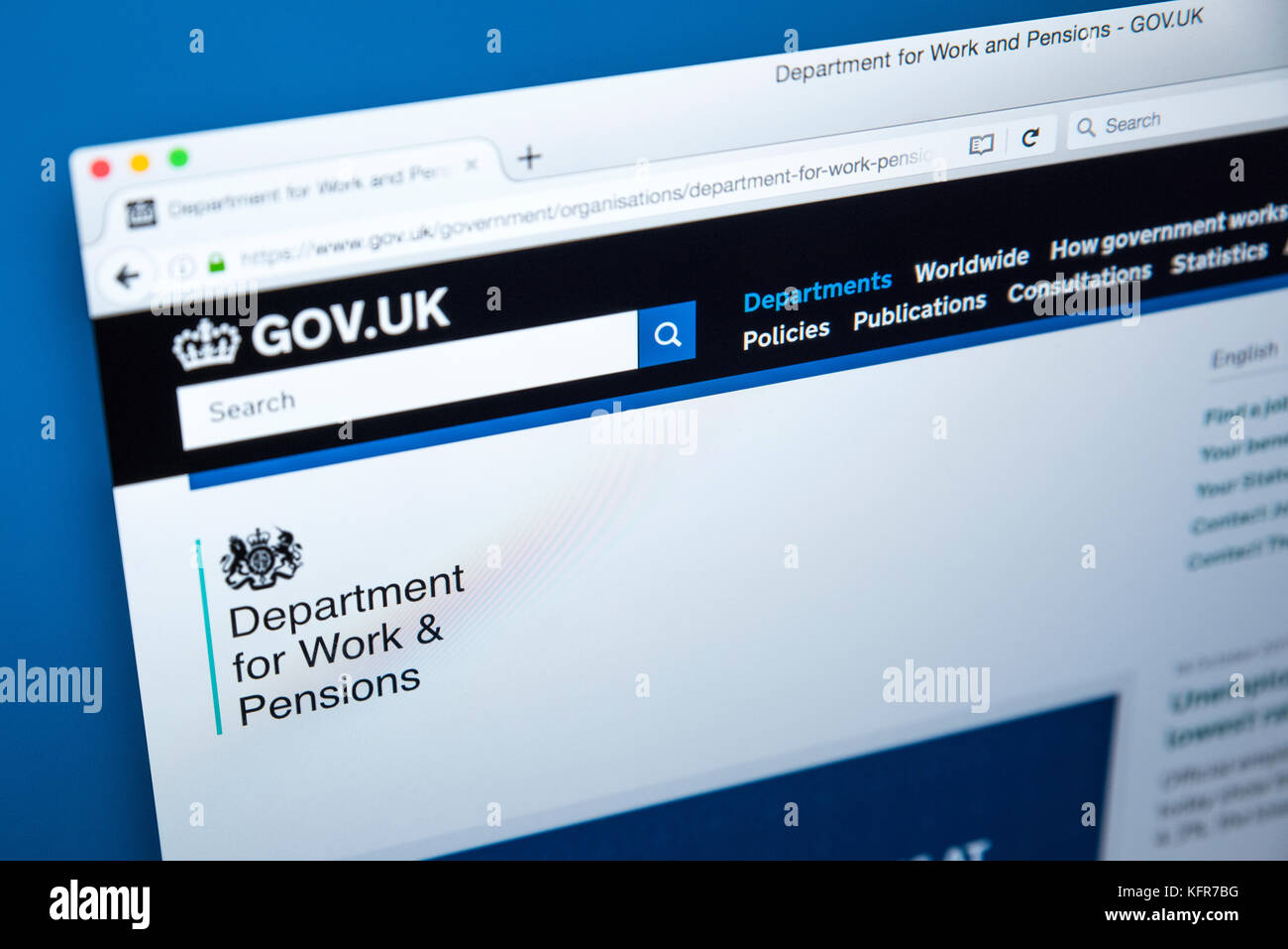 LONDON, Regno Unito - 30 OTTOBRE 2017: la homepage del Ministero del Lavoro e delle pensioni il governo del Regno Unito sito web, il 30 ottobre 2017. Foto Stock