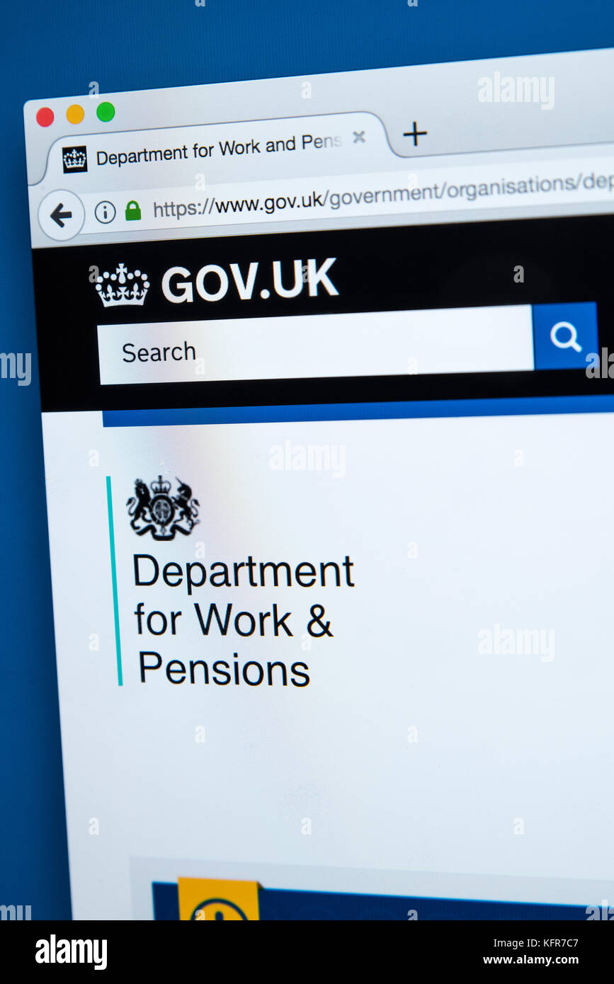 LONDON, Regno Unito - 30 OTTOBRE 2017: la homepage del Ministero del Lavoro e delle pensioni il governo del Regno Unito sito web, il 30 ottobre 2017. Foto Stock