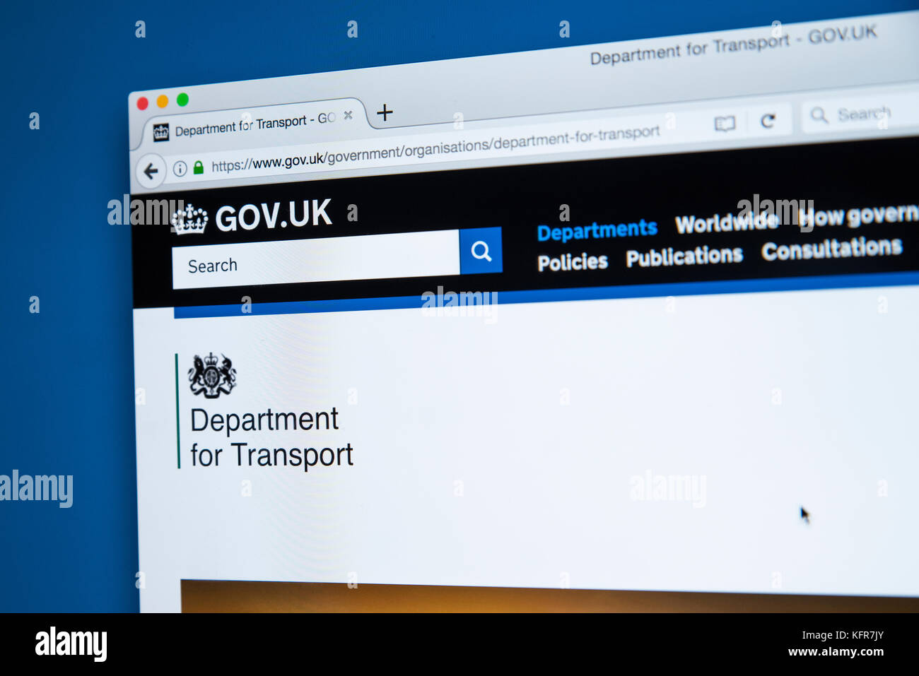 LONDON, Regno Unito - 30 OTTOBRE 2017: la homepage del Dipartimento per i trasporti sul Governo britannico sito web, il 30 ottobre 2017. Foto Stock