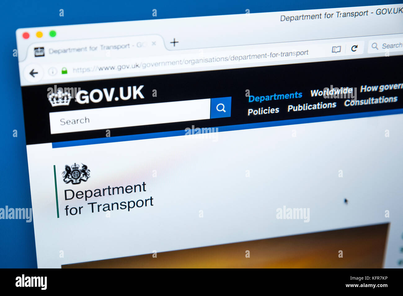 LONDON, Regno Unito - 30 OTTOBRE 2017: la homepage del Dipartimento per i trasporti sul Governo britannico sito web, il 30 ottobre 2017. Foto Stock